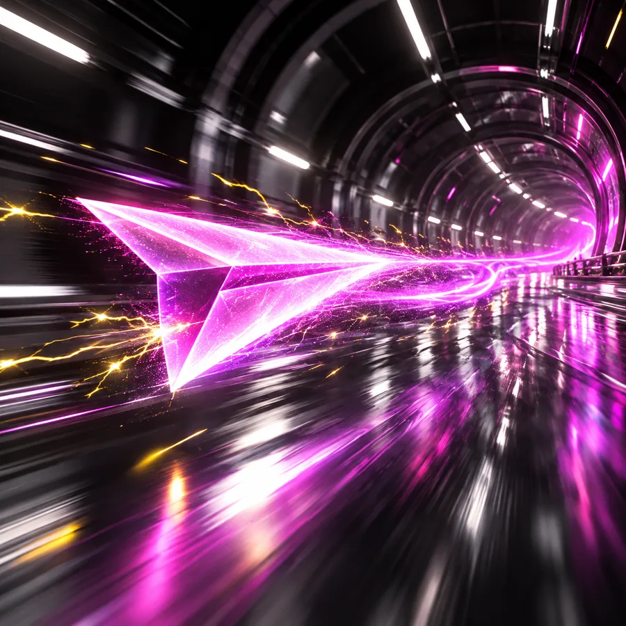 Ein Papierflieger verwandelt sich in einem Studiotunnel in einen violetten Lichtstreifen