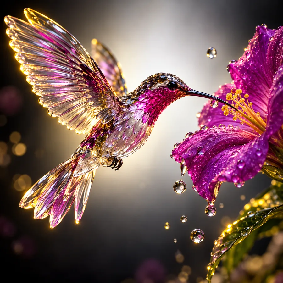 Ein Kolibri aus Glas neben einer violetten Blume in einer detailreichen filmischen Szene