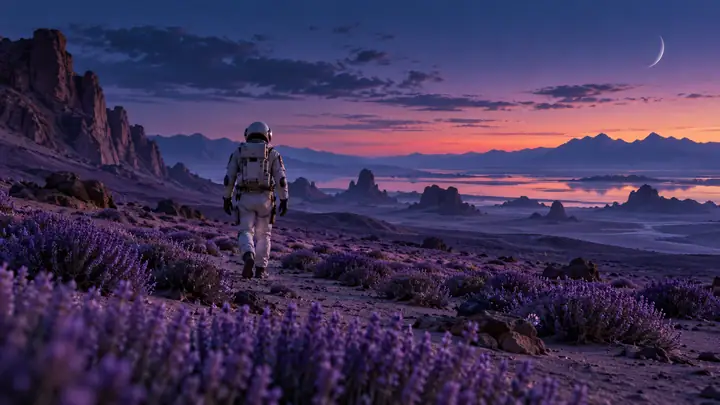 Ein einsamer Astronaut wandert zur blauen Stunde durch eine Lavendelwüste, in einer filmischen Totalen