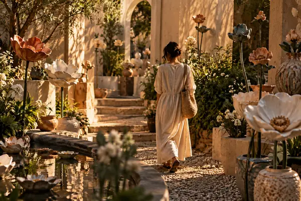Ein stimmungsvoller Keramikgarten voller geformter Blumen und warmer Nachmittagsschatten, in einer haptischen, redaktionellen Bildkomposition