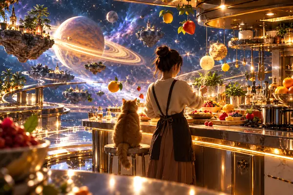 Eine verspielte kosmische Küche, die zwischen Sternen schwebt, mit leuchtenden Früchten, glänzenden Oberflächen und warmem filmischem Licht