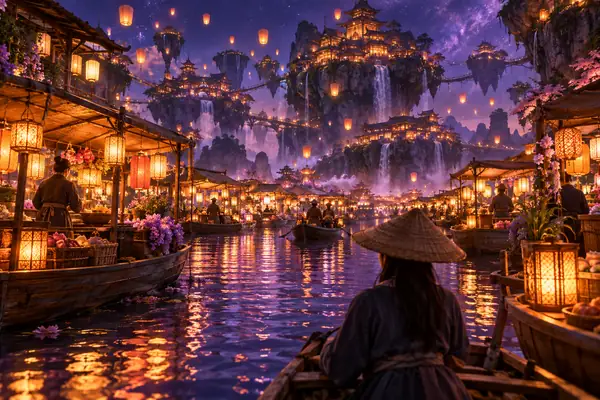 Ein schwebender Nachtmarkt über einem ruhigen Fluss mit Laternen, Marktbooten und spiegelndem violettem Wasser
