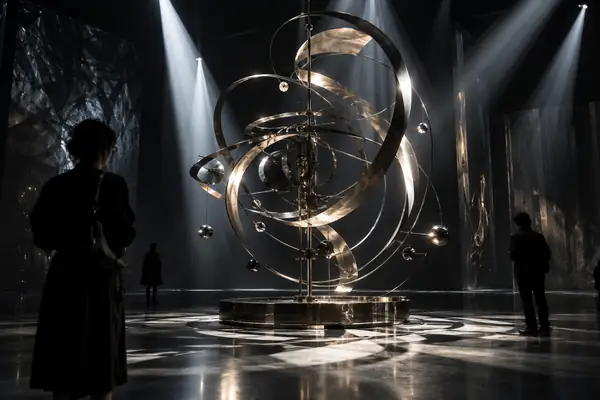 Eine kinetische Metallskulptur dreht sich langsam in einer dunklen Galerie, durchzogen von scharfen weißen Lichtstrahlen