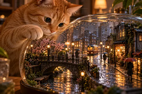 Eine neugierige orangefarbene Katze erkundet eine verregnete Miniaturstadt in einem Glasterrarium, in verspielter Nahaufnahme