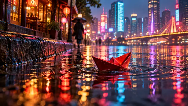 Ein rotes Papierboot segelt durch eine Regenpfütze, in der sich die Neonlichter der Stadt spiegeln