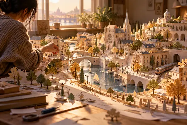 Eine detailreiche Papierstadt entfaltet sich auf einer Tischplatte, mit winzigen Straßen, weichen Schatten und warmem Morgenlicht