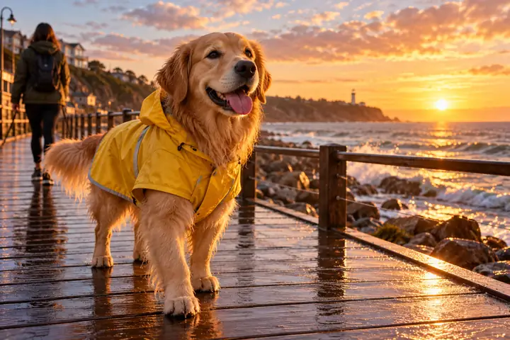 Ein Golden Retriever in einem gelben Regenmantel auf einer Strandpromenade bei Sonnenaufgang