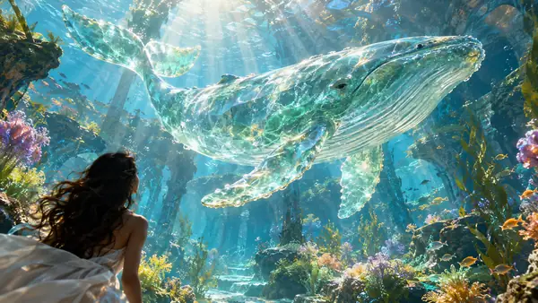 Ein durchscheinender Wal aus Meerglas schwimmt durch einen sonnenbeschienenen Unterwassergarten, leuchtend und friedvoll