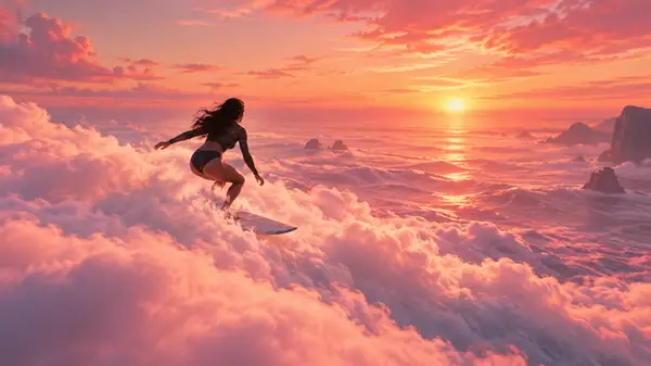Ein Surfer gleitet bei Sonnenuntergang über weiche Wolken hoch über einem rosafarbenen Ozean, in luftiger, traumhafter Weitwinkelkomposition