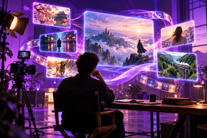 Lebendige violette Studioszene mit leuchtenden Rahmen, fließenden Farbverläufen und einem Filmemacher, der ein neues Video gestaltet