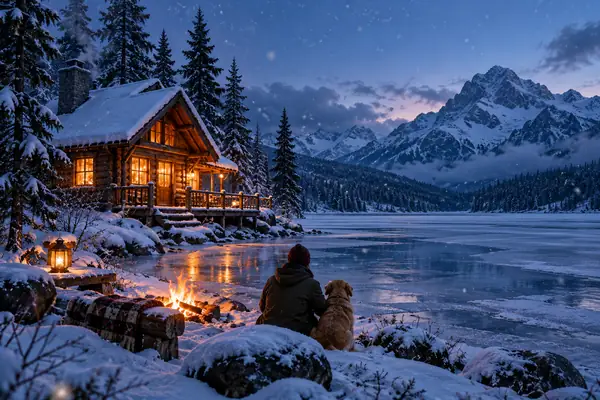 Eine kleine Winterhütte leuchtet neben einem zugefrorenen See im fallenden Schnee, in stiller Atmosphäre der blauen Stunde