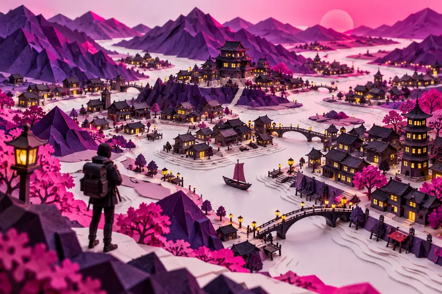 Illustrative paper-city scene used as a visual concept